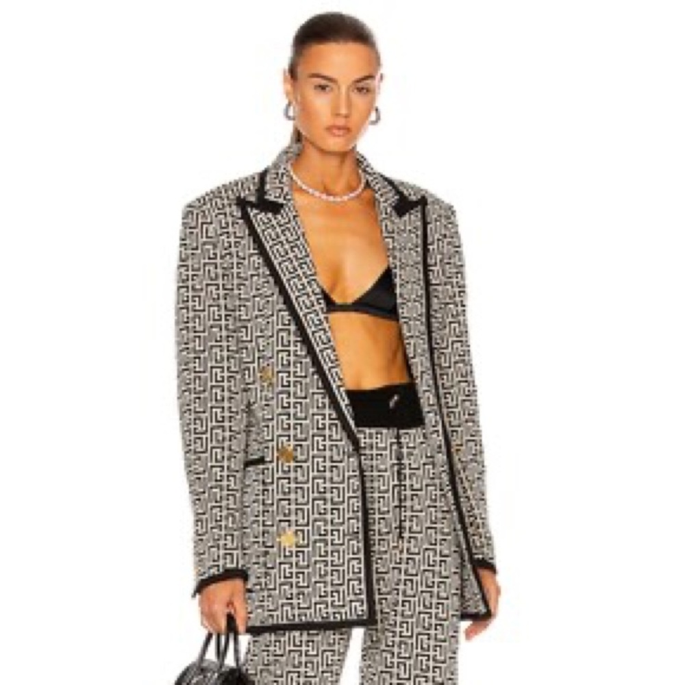 Balmain Black & White Geometric Double-Breasted Blazer - Picture 4 of 8
